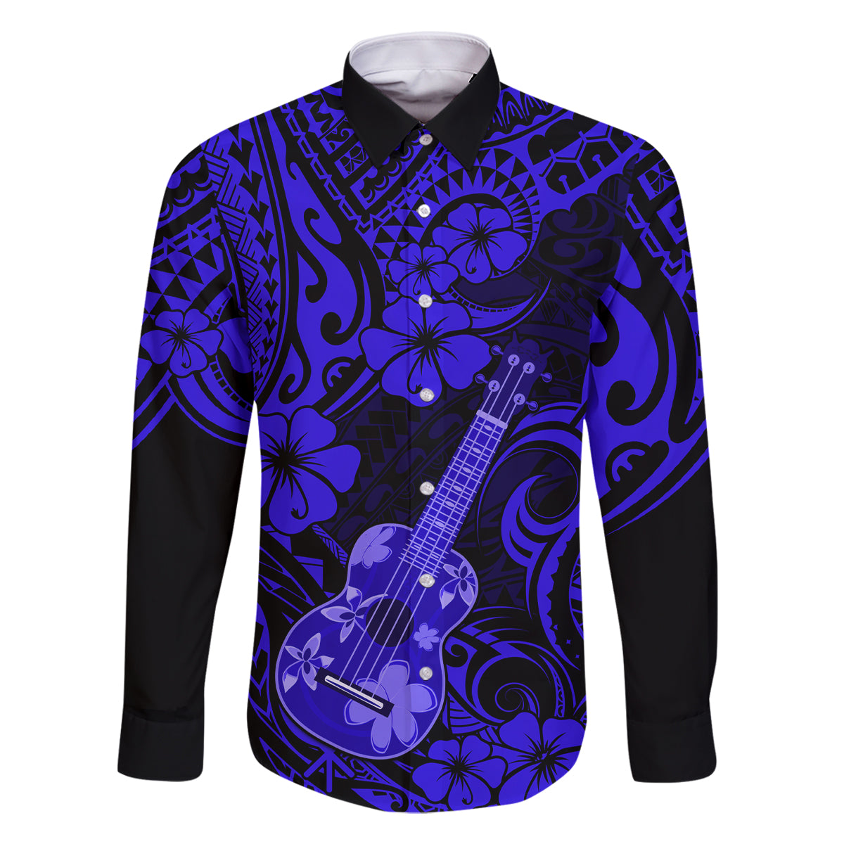 Hawaii Ukulele Family Matching Tank Maxi Dress and Hawaiian Shirt Polynesian Pattern Navy Blue Version LT01 Dad's Shirt - Long Sleeve Blue - Polynesian Pride