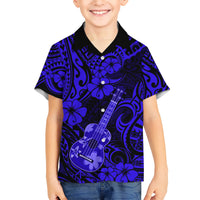 Hawaii Ukulele Kid Hawaiian Shirt Polynesian Pattern Navy Blue Version LT01 Kid Blue - Polynesian Pride