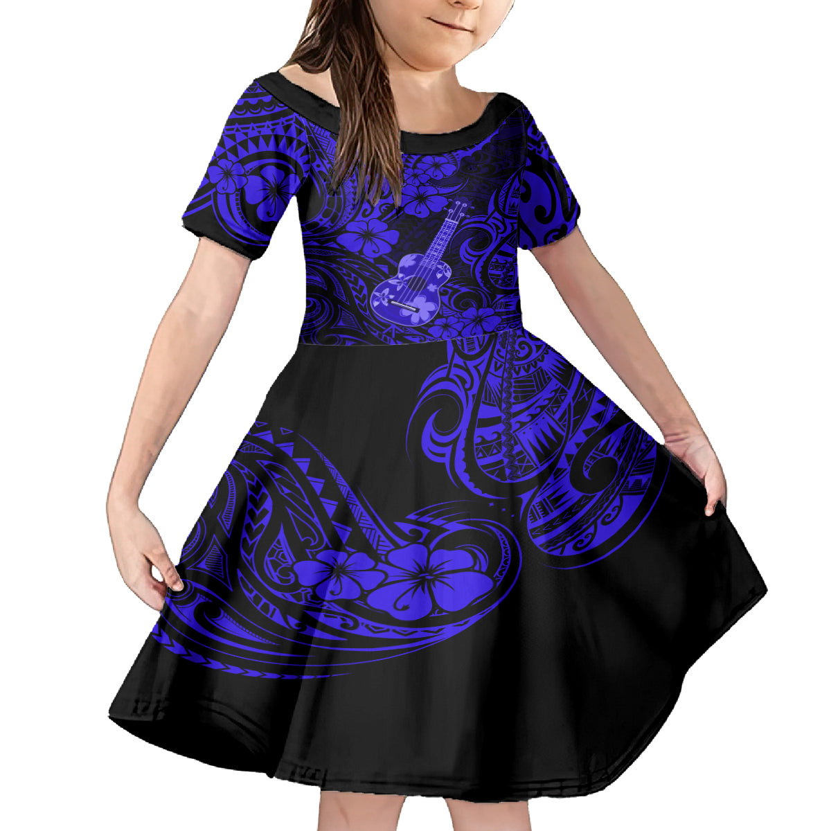 Hawaii Ukulele Kid Short Sleeve Dress Polynesian Pattern Navy Blue Version LT01 KID Blue - Polynesian Pride