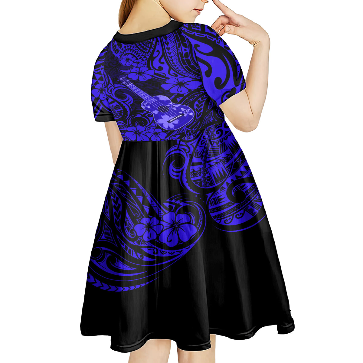 Hawaii Ukulele Kid Short Sleeve Dress Polynesian Pattern Navy Blue Version LT01 - Polynesian Pride