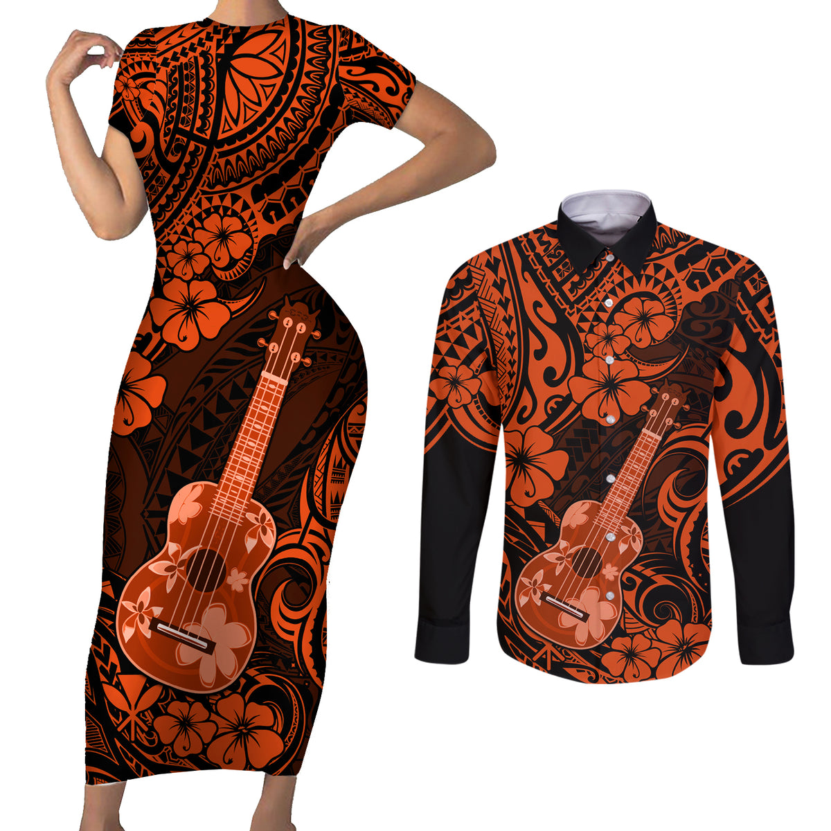 Hawaii Ukulele Couples Matching Short Sleeve Bodycon Dress and Long Sleeve Button Shirts Polynesian Pattern Orange Version LT01 Orange - Polynesian Pride