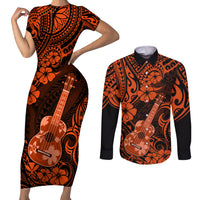 Hawaii Ukulele Couples Matching Short Sleeve Bodycon Dress and Long Sleeve Button Shirts Polynesian Pattern Orange Version LT01 Orange - Polynesian Pride