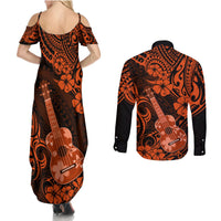 Hawaii Ukulele Couples Matching Summer Maxi Dress and Long Sleeve Button Shirts Polynesian Pattern Orange Version LT01 - Polynesian Pride
