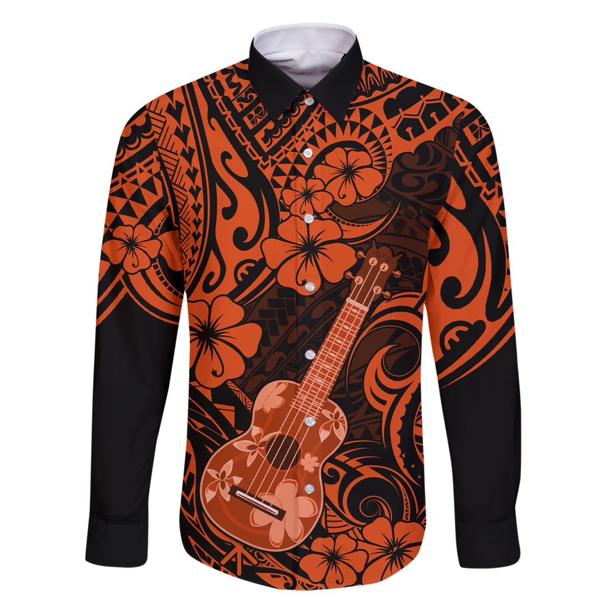 Hawaii Ukulele Family Matching Long Sleeve Bodycon Dress and Hawaiian Shirt Polynesian Pattern Orange Version LT01 Dad's Shirt - Long Sleeve Orange - Polynesian Pride
