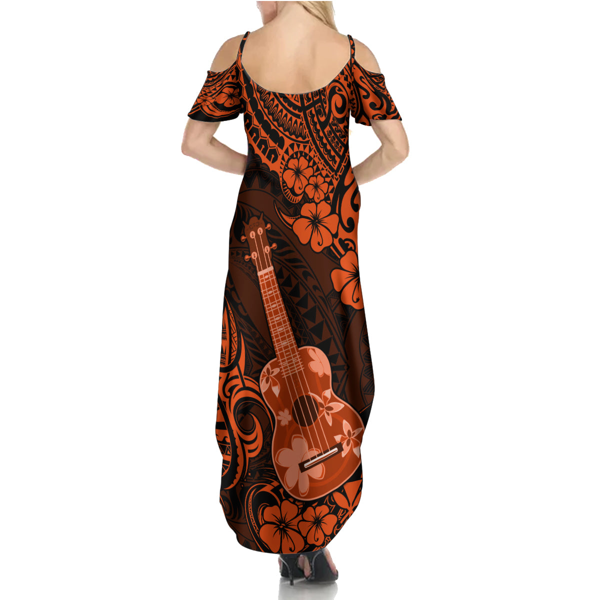 Hawaii Ukulele Family Matching Summer Maxi Dress and Hawaiian Shirt Polynesian Pattern Orange Version LT01 - Polynesian Pride