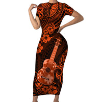 Hawaii Ukulele Short Sleeve Bodycon Dress Polynesian Pattern Orange Version LT01 Long Dress Orange - Polynesian Pride