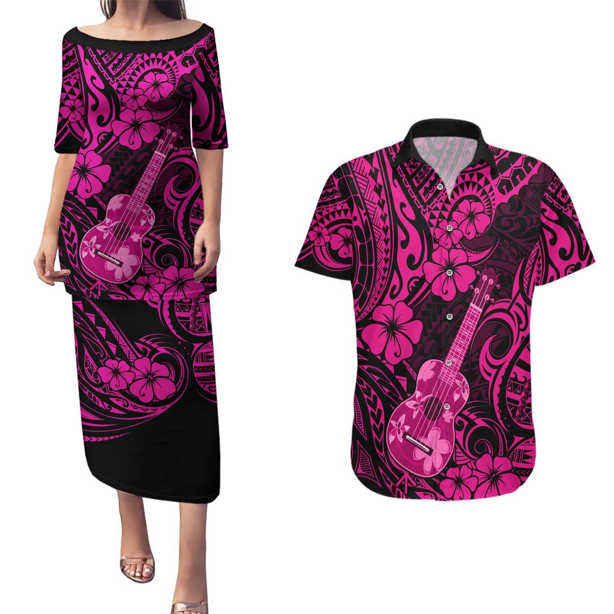 Hawaii Ukulele Couples Matching Puletasi Dress and Hawaiian Shirt Polynesian Pattern Pink Version LT01 Pink - Polynesian Pride