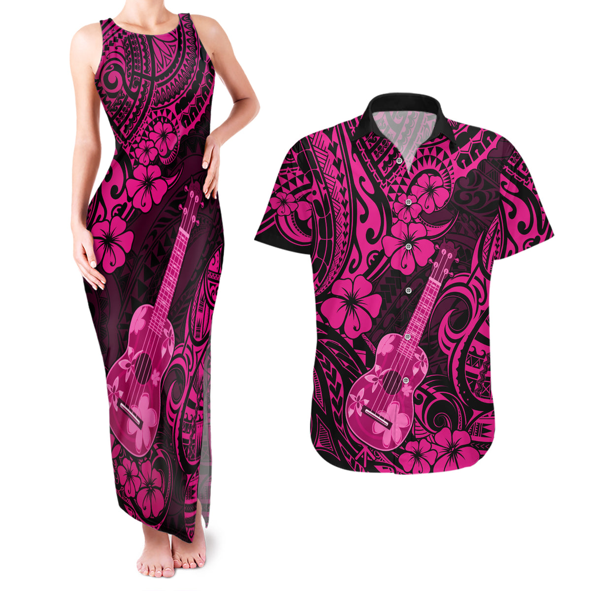 Hawaii Ukulele Couples Matching Tank Maxi Dress and Hawaiian Shirt Polynesian Pattern Pink Version LT01 Pink - Polynesian Pride