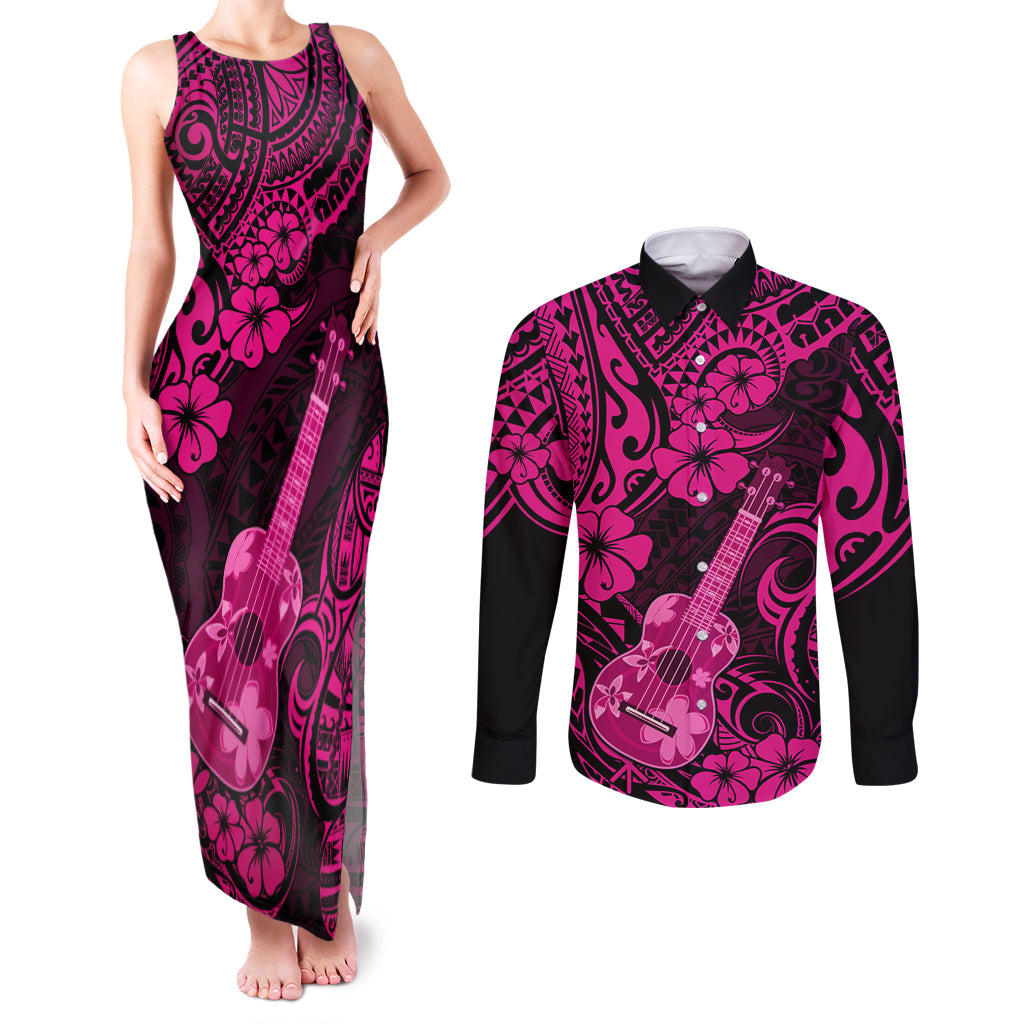 Hawaii Ukulele Couples Matching Tank Maxi Dress and Long Sleeve Button Shirts Polynesian Pattern Pink Version LT01 Pink - Polynesian Pride