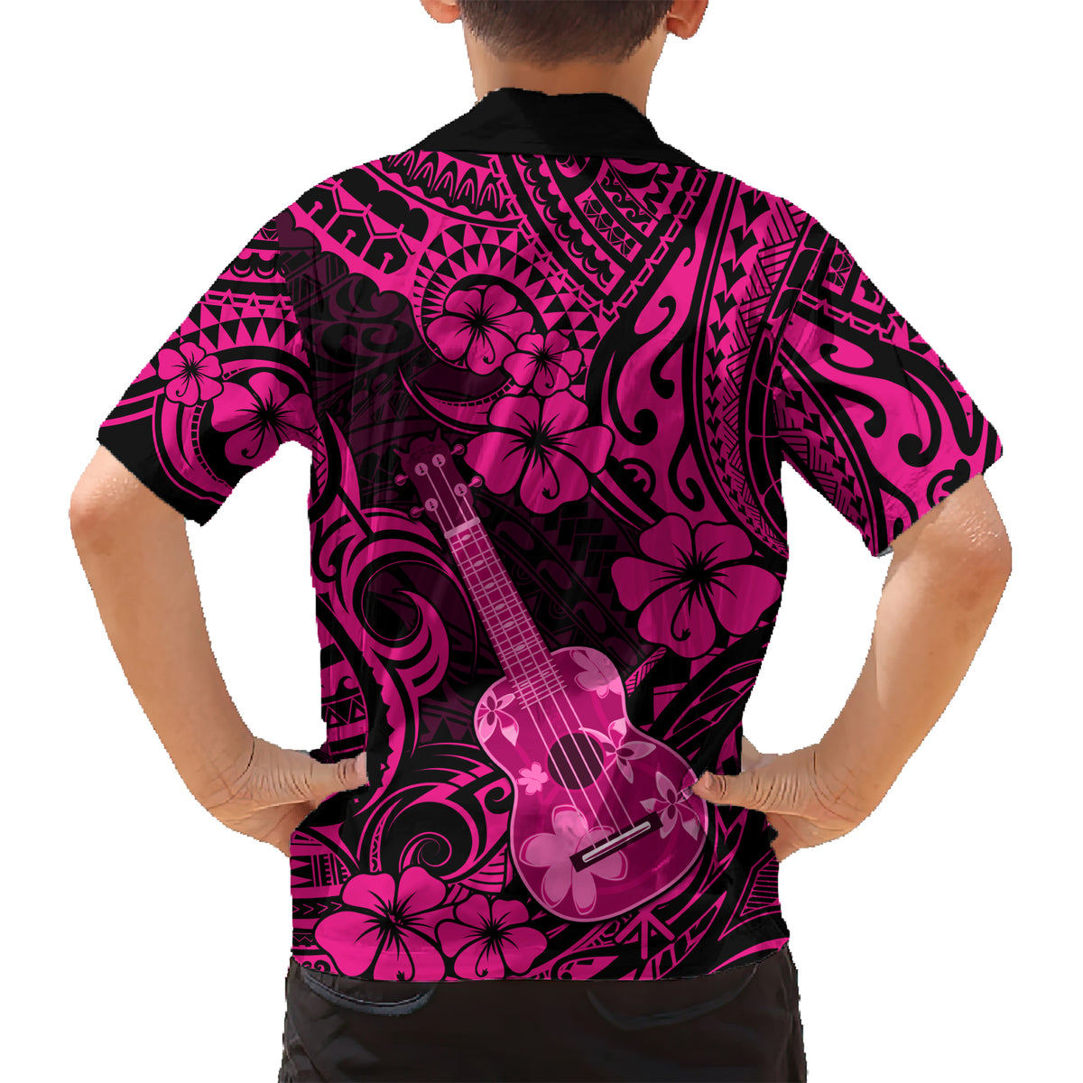 Hawaii Ukulele Family Matching Short Sleeve Bodycon Dress and Hawaiian Shirt Polynesian Pattern Pink Version LT01 - Polynesian Pride