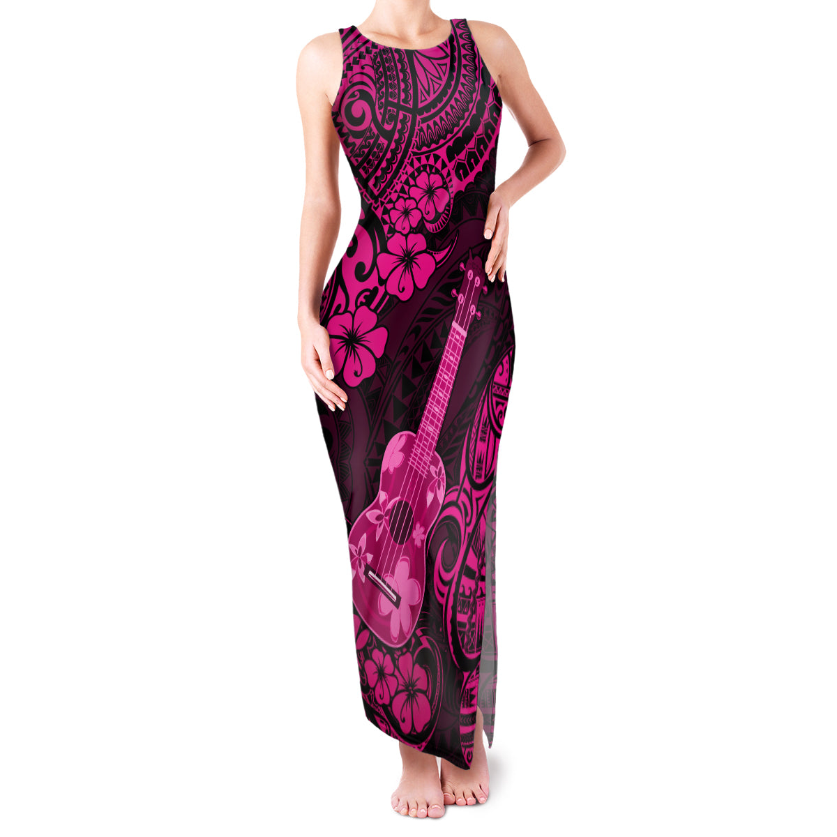 Hawaii Ukulele Family Matching Tank Maxi Dress and Hawaiian Shirt Polynesian Pattern Pink Version LT01 Mom's Dress Pink - Polynesian Pride