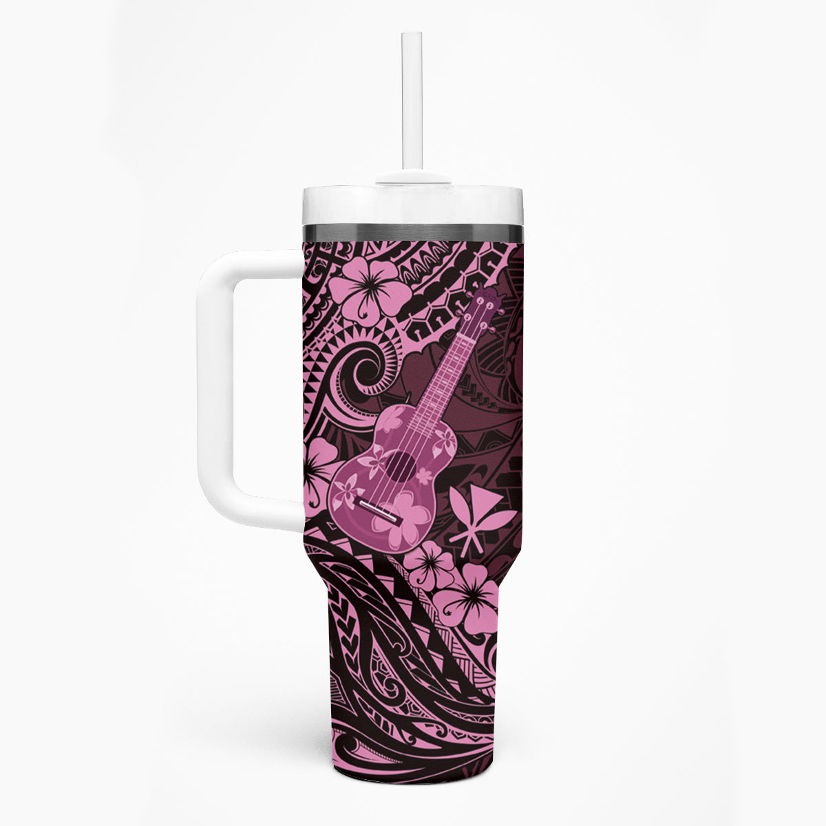 Hawaii Ukulele Tumbler With Handle Polynesian Pattern Pink Version