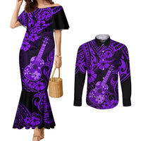 Hawaii Ukulele Couples Matching Mermaid Dress and Long Sleeve Button Shirts Polynesian Pattern Purple Version LT01 Purple - Polynesian Pride