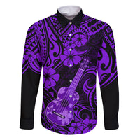 Hawaii Ukulele Family Matching Off Shoulder Short Dress and Hawaiian Shirt Polynesian Pattern Purple Version LT01 Dad's Shirt - Long Sleeve Purple - Polynesian Pride