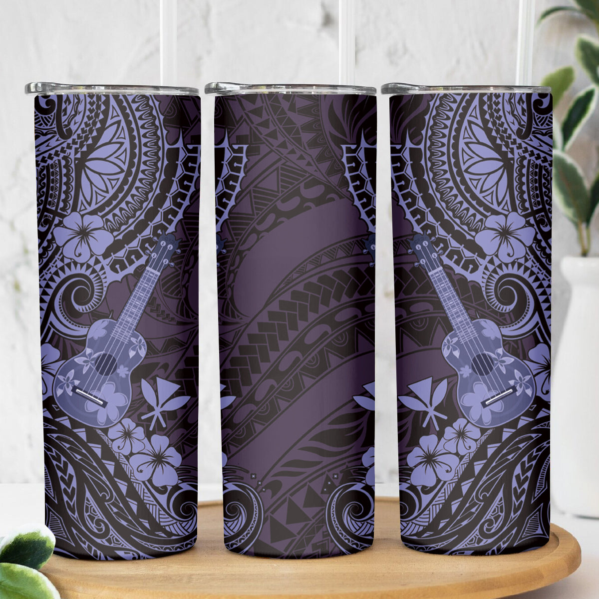 Hawaii Ukulele Skinny Tumbler Polynesian Pattern Purple Version