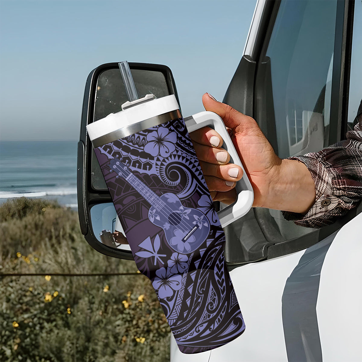 Hawaii Ukulele Tumbler With Handle Polynesian Pattern Purple Version