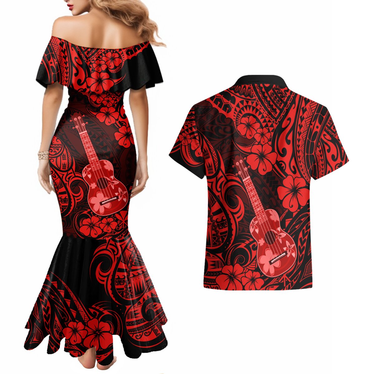 Hawaii Ukulele Couples Matching Mermaid Dress and Hawaiian Shirt Polynesian Pattern Red Version LT01 - Polynesian Pride