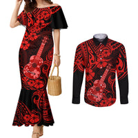 Hawaii Ukulele Couples Matching Mermaid Dress and Long Sleeve Button Shirts Polynesian Pattern Red Version LT01 Red - Polynesian Pride