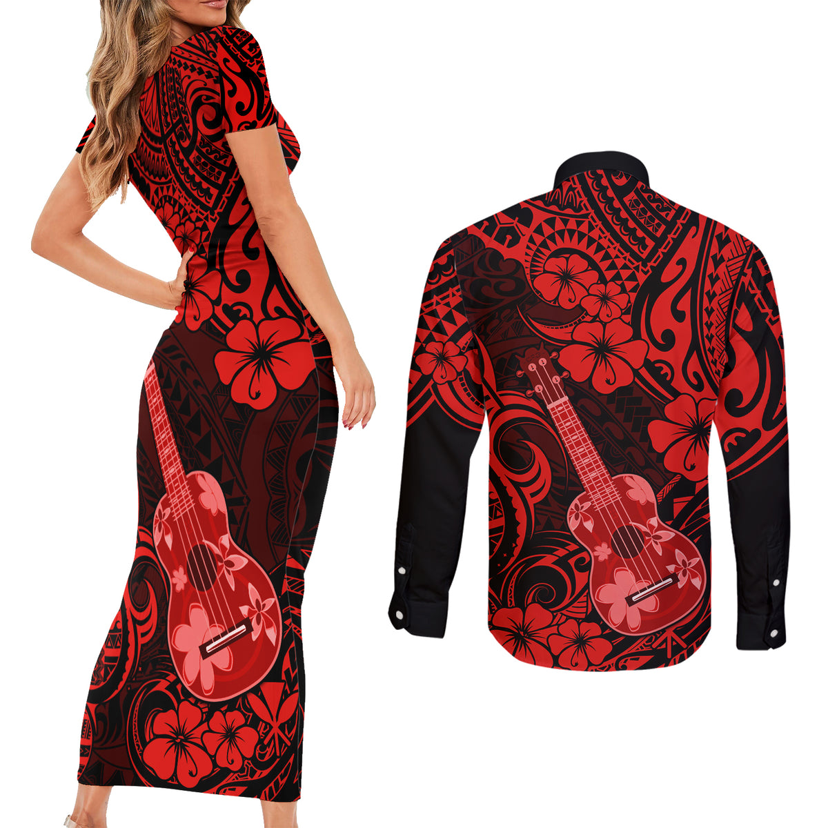 Hawaii Ukulele Couples Matching Short Sleeve Bodycon Dress and Long Sleeve Button Shirts Polynesian Pattern Red Version LT01 - Polynesian Pride