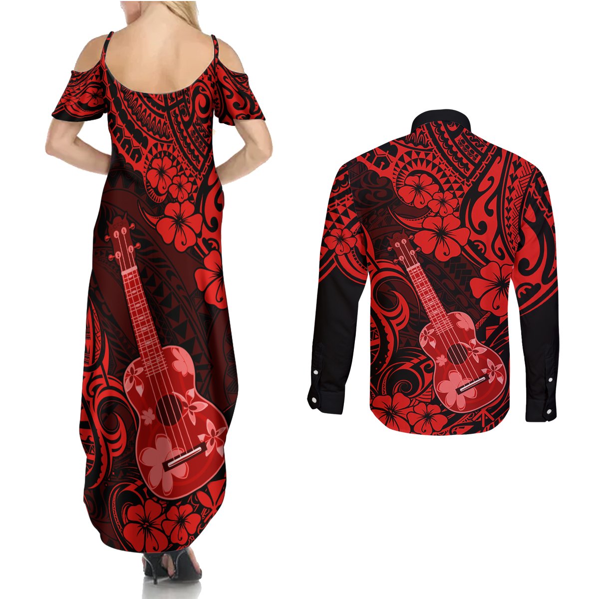 Hawaii Ukulele Couples Matching Summer Maxi Dress and Long Sleeve Button Shirts Polynesian Pattern Red Version LT01 - Polynesian Pride