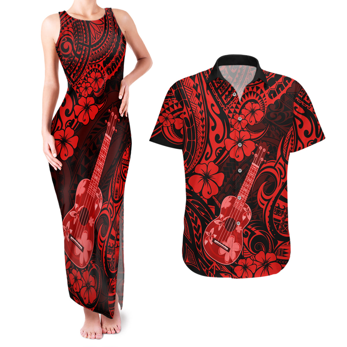 Hawaii Ukulele Couples Matching Tank Maxi Dress and Hawaiian Shirt Polynesian Pattern Red Version LT01 Red - Polynesian Pride