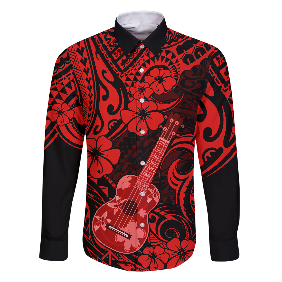 Hawaii Ukulele Family Matching Mermaid Dress and Hawaiian Shirt Polynesian Pattern Red Version LT01 Dad's Shirt - Long Sleeve Red - Polynesian Pride