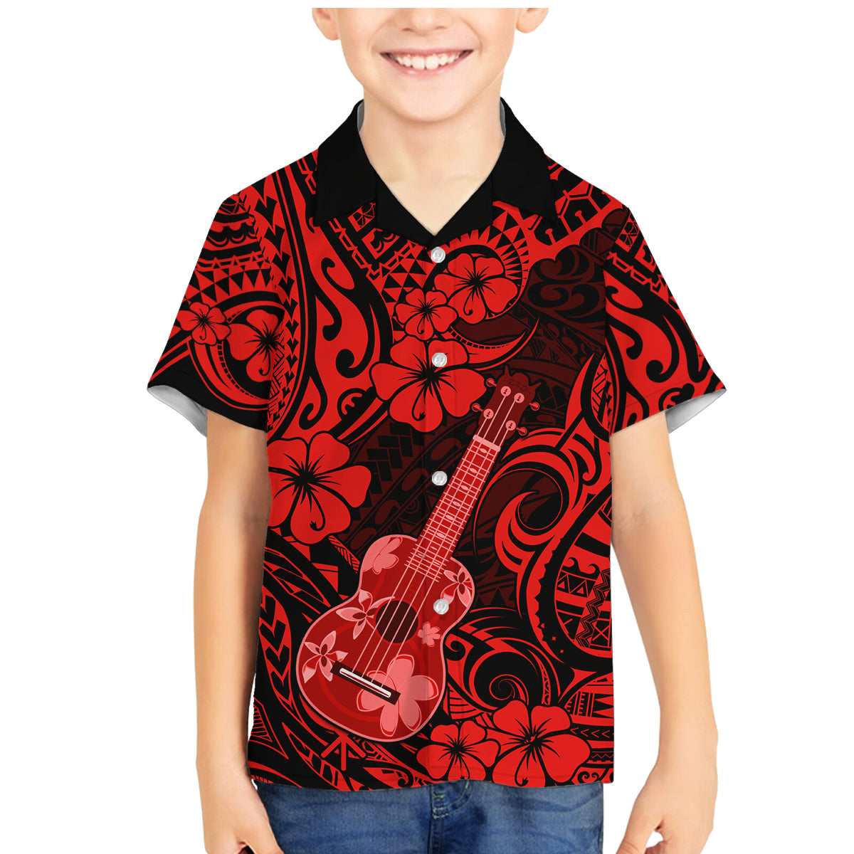 Hawaii Ukulele Family Matching Mermaid Dress and Hawaiian Shirt Polynesian Pattern Red Version LT01 Son's Shirt Red - Polynesian Pride