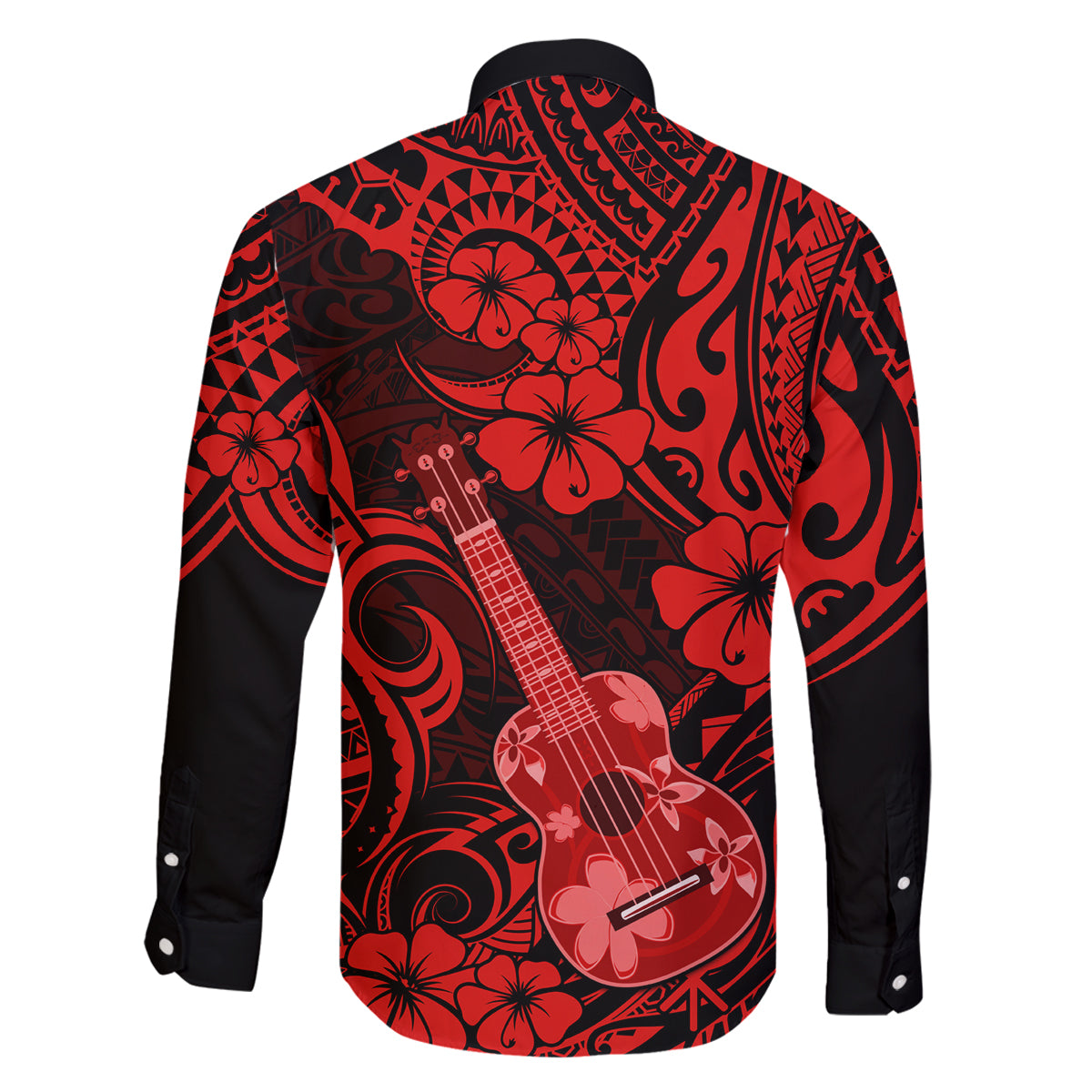 Hawaii Ukulele Family Matching Off Shoulder Long Sleeve Dress and Hawaiian Shirt Polynesian Pattern Red Version LT01 - Polynesian Pride