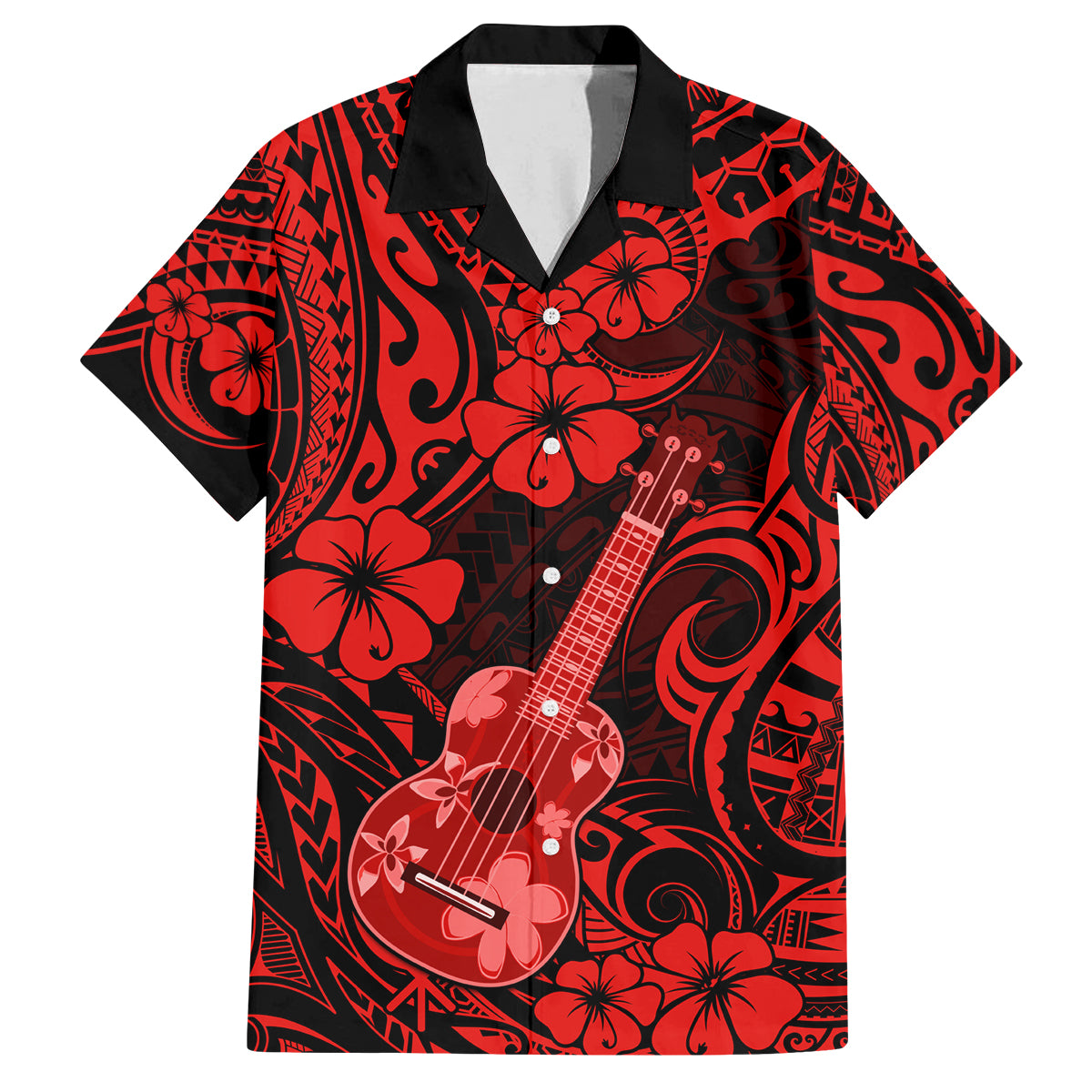 Hawaii Ukulele Family Matching Off Shoulder Short Dress and Hawaiian Shirt Polynesian Pattern Red Version LT01 Dad's Shirt - Short Sleeve Red - Polynesian Pride