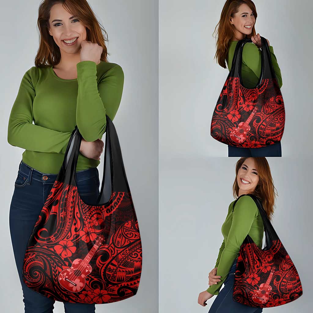Hawaii Ukulele Grocery Bag Polynesian Pattern Red Version