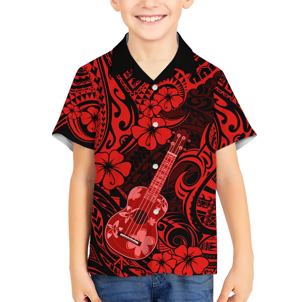 Hawaii Ukulele Hawaiian Shirt Polynesian Pattern Red Version LT01 - Polynesian Pride
