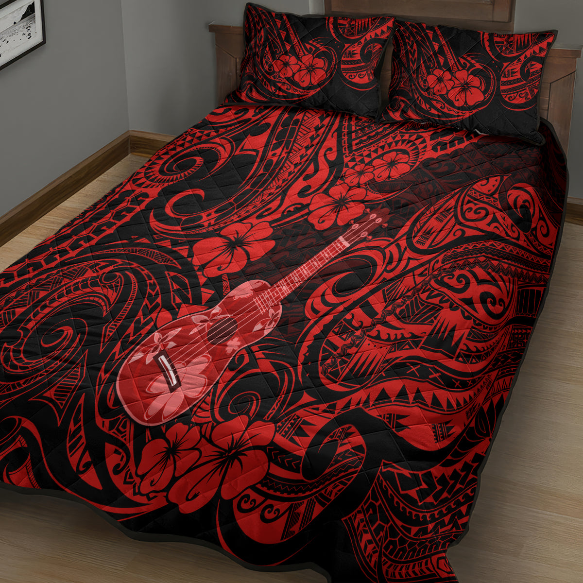 Hawaii Ukulele Quilt Bed Set Polynesian Pattern Red Version LT01 - Polynesian Pride