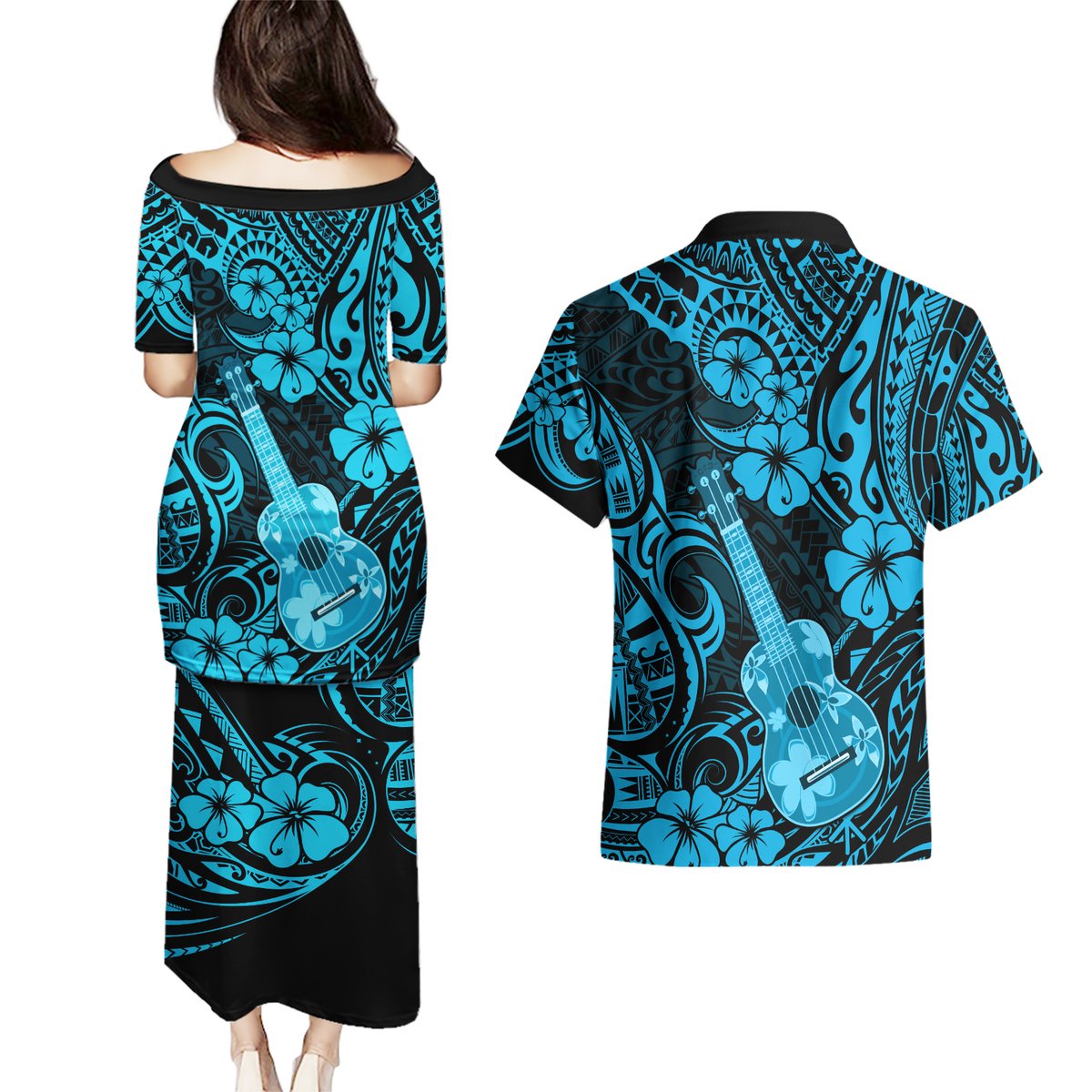 Hawaii Ukulele Couples Matching Puletasi Dress and Hawaiian Shirt Polynesian Pattern Sky Blue Version LT01 - Polynesian Pride