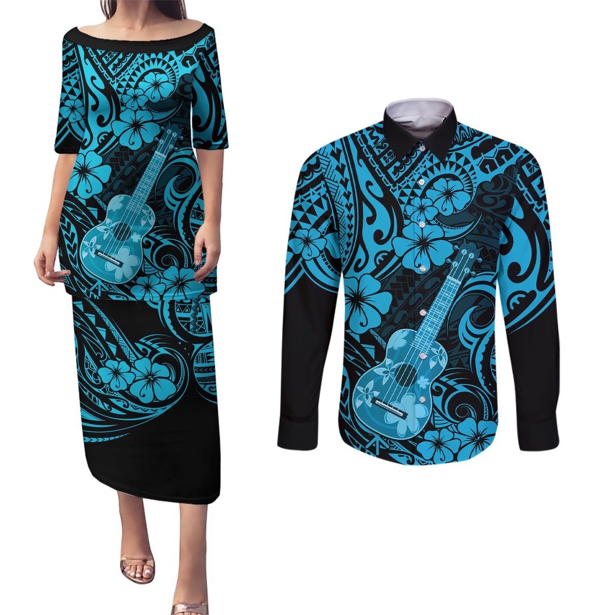Hawaii Ukulele Couples Matching Puletasi Dress and Long Sleeve Button Shirts Polynesian Pattern Sky Blue Version LT01 Blue - Polynesian Pride