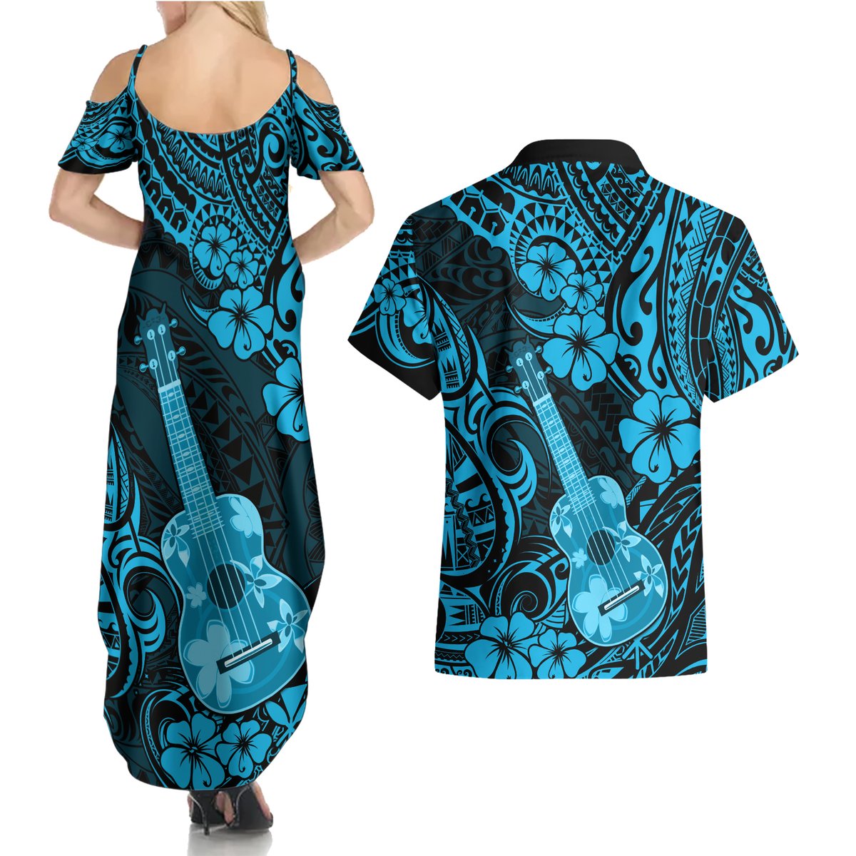 Hawaii Ukulele Couples Matching Summer Maxi Dress and Hawaiian Shirt Polynesian Pattern Sky Blue Version LT01 - Polynesian Pride