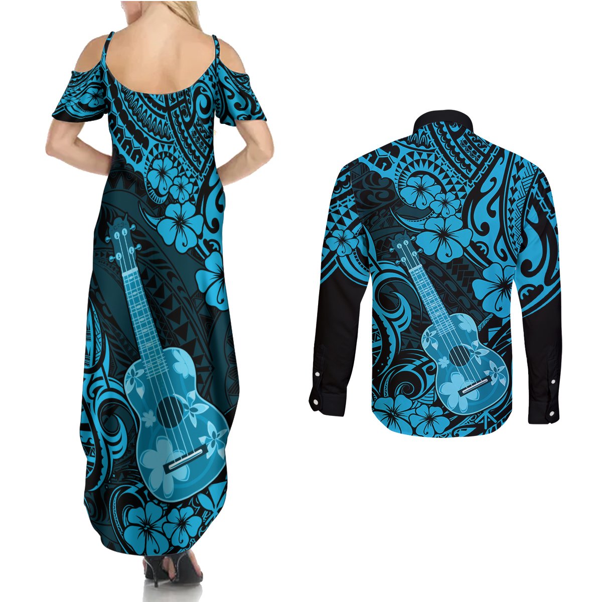 Hawaii Ukulele Couples Matching Summer Maxi Dress and Long Sleeve Button Shirts Polynesian Pattern Sky Blue Version LT01 - Polynesian Pride