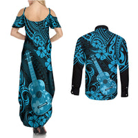 Hawaii Ukulele Couples Matching Summer Maxi Dress and Long Sleeve Button Shirts Polynesian Pattern Sky Blue Version LT01 - Polynesian Pride