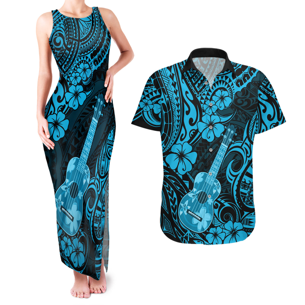 Hawaii Ukulele Couples Matching Tank Maxi Dress and Hawaiian Shirt Polynesian Pattern Sky Blue Version LT01 Blue - Polynesian Pride
