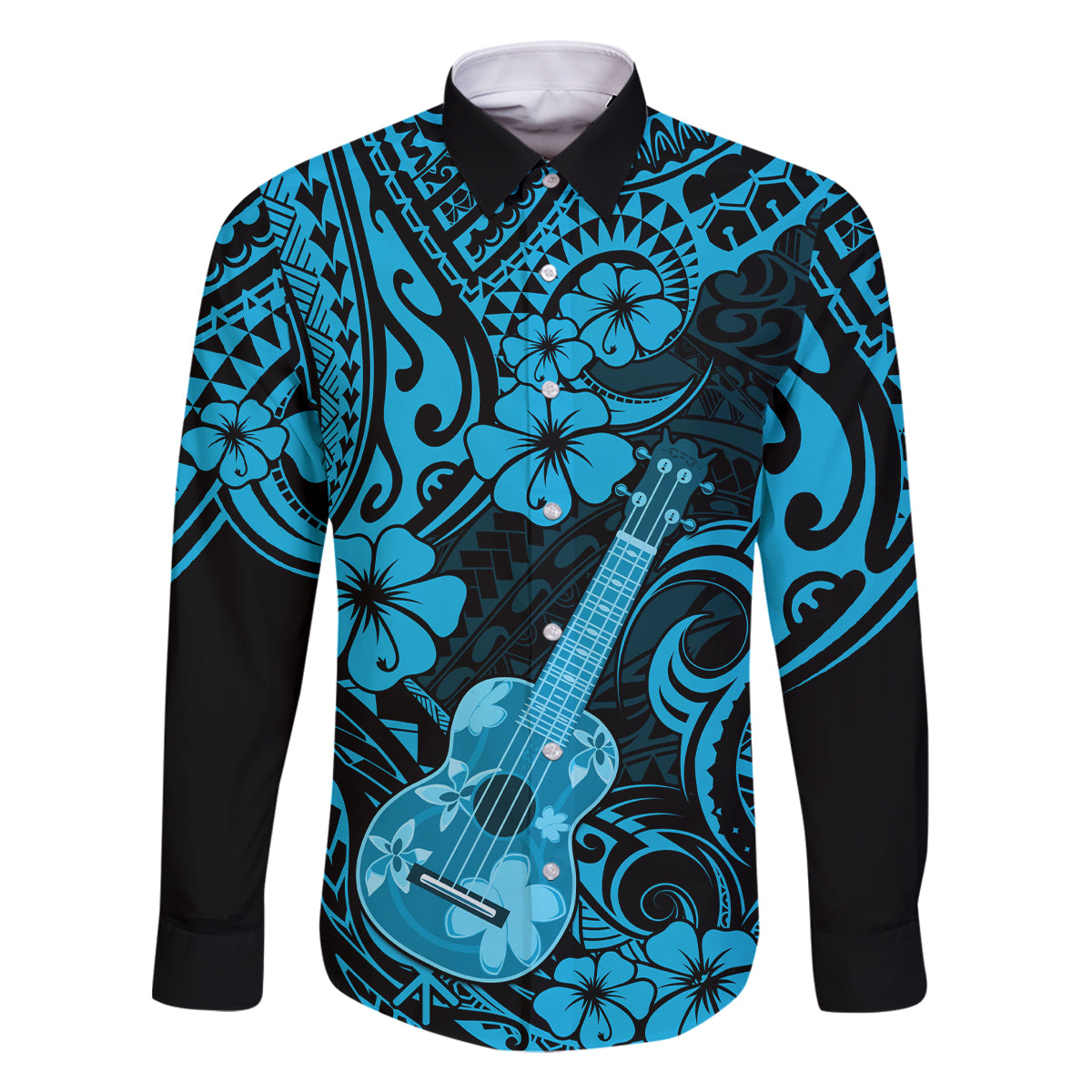 Hawaii Ukulele Family Matching Off Shoulder Short Dress and Hawaiian Shirt Polynesian Pattern Sky Blue Version LT01 Dad's Shirt - Long Sleeve Blue - Polynesian Pride
