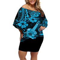 Hawaii Ukulele Off Shoulder Short Dress Polynesian Pattern Sky Blue Version LT01 Women Blue - Polynesian Pride