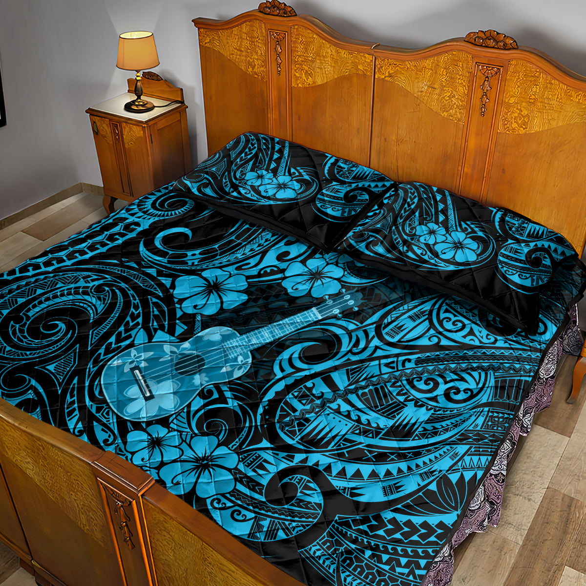 Hawaii Ukulele Quilt Bed Set Polynesian Pattern Sky Blue Version LT01 - Polynesian Pride