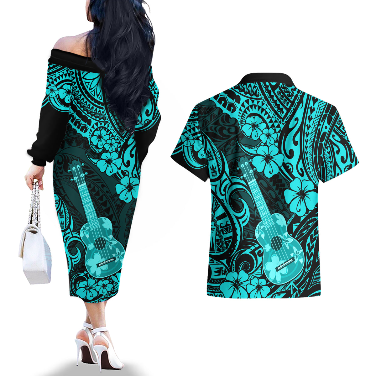 Hawaii Ukulele Couples Matching Off The Shoulder Long Sleeve Dress and Hawaiian Shirt Polynesian Pattern Turquoise Version LT01 - Polynesian Pride