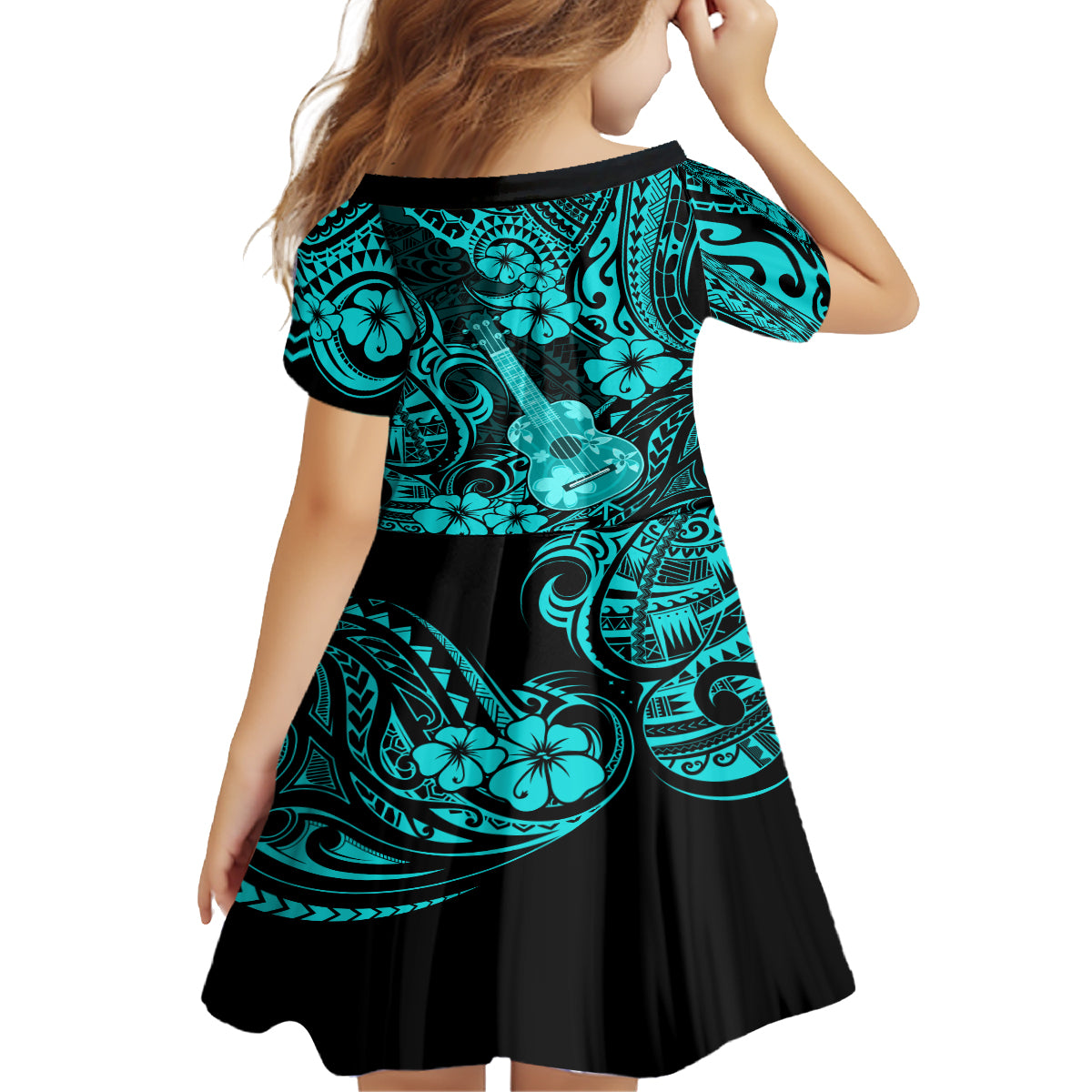 Hawaii Ukulele Family Matching Off Shoulder Short Dress and Hawaiian Shirt Polynesian Pattern Turquoise Version LT01 - Polynesian Pride