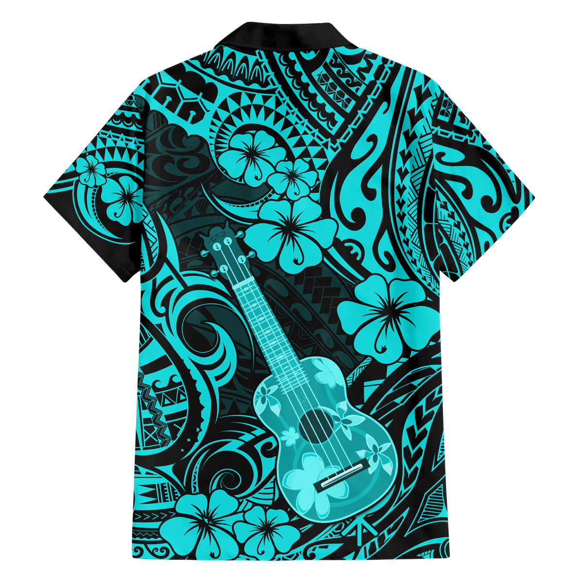 Hawaii Ukulele Family Matching Short Sleeve Bodycon Dress and Hawaiian Shirt Polynesian Pattern Turquoise Version LT01 - Polynesian Pride