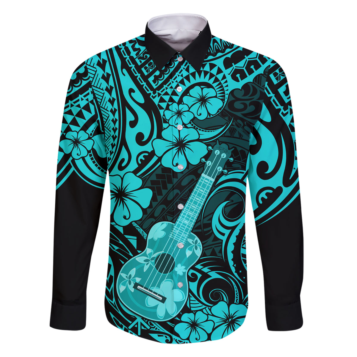 Hawaii Ukulele Family Matching Short Sleeve Bodycon Dress and Hawaiian Shirt Polynesian Pattern Turquoise Version LT01 Dad's Shirt - Long Sleeve Turquoise - Polynesian Pride