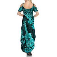 Hawaii Ukulele Family Matching Summer Maxi Dress and Hawaiian Shirt Polynesian Pattern Turquoise Version LT01 - Polynesian Pride