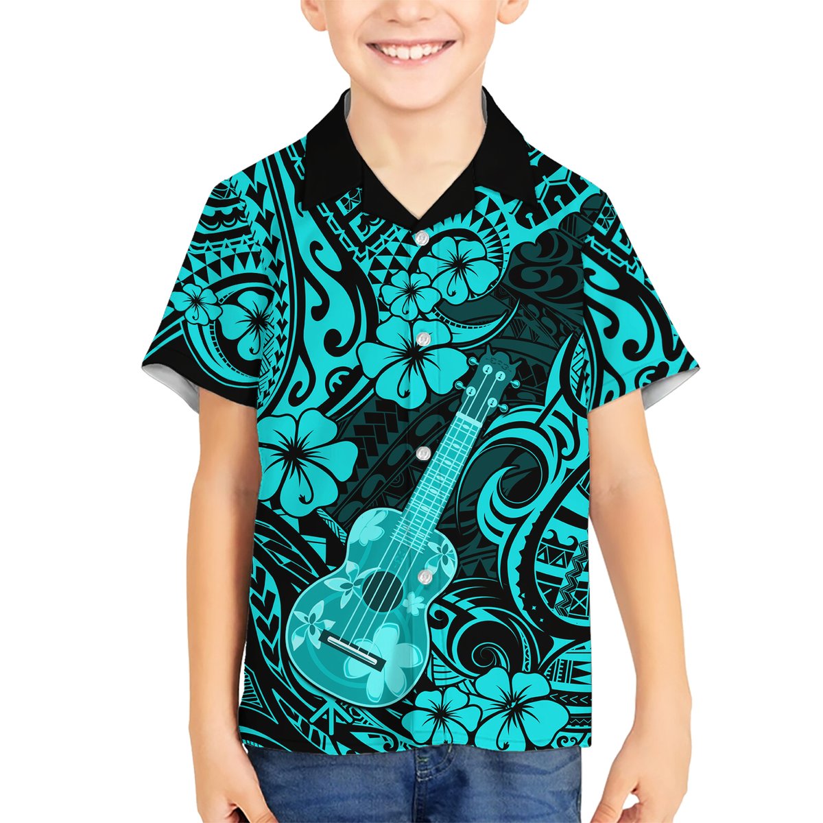 Hawaii Ukulele Hawaiian Shirt Polynesian Pattern Turquoise Version LT01 - Polynesian Pride