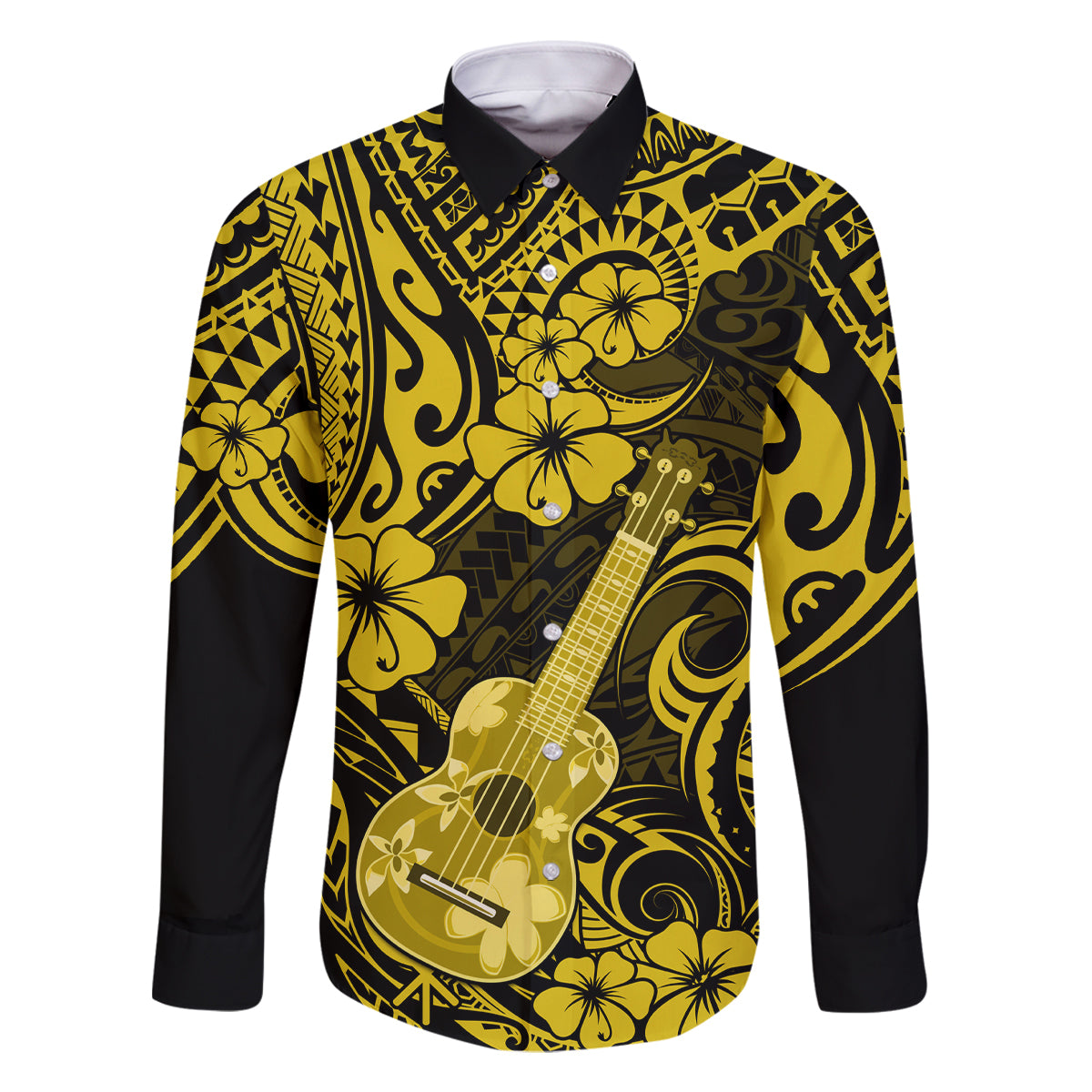 Hawaii Ukulele Family Matching Off Shoulder Maxi Dress and Hawaiian Shirt Polynesian Pattern Yellow Version LT01 Dad's Shirt - Long Sleeve Yellow - Polynesian Pride