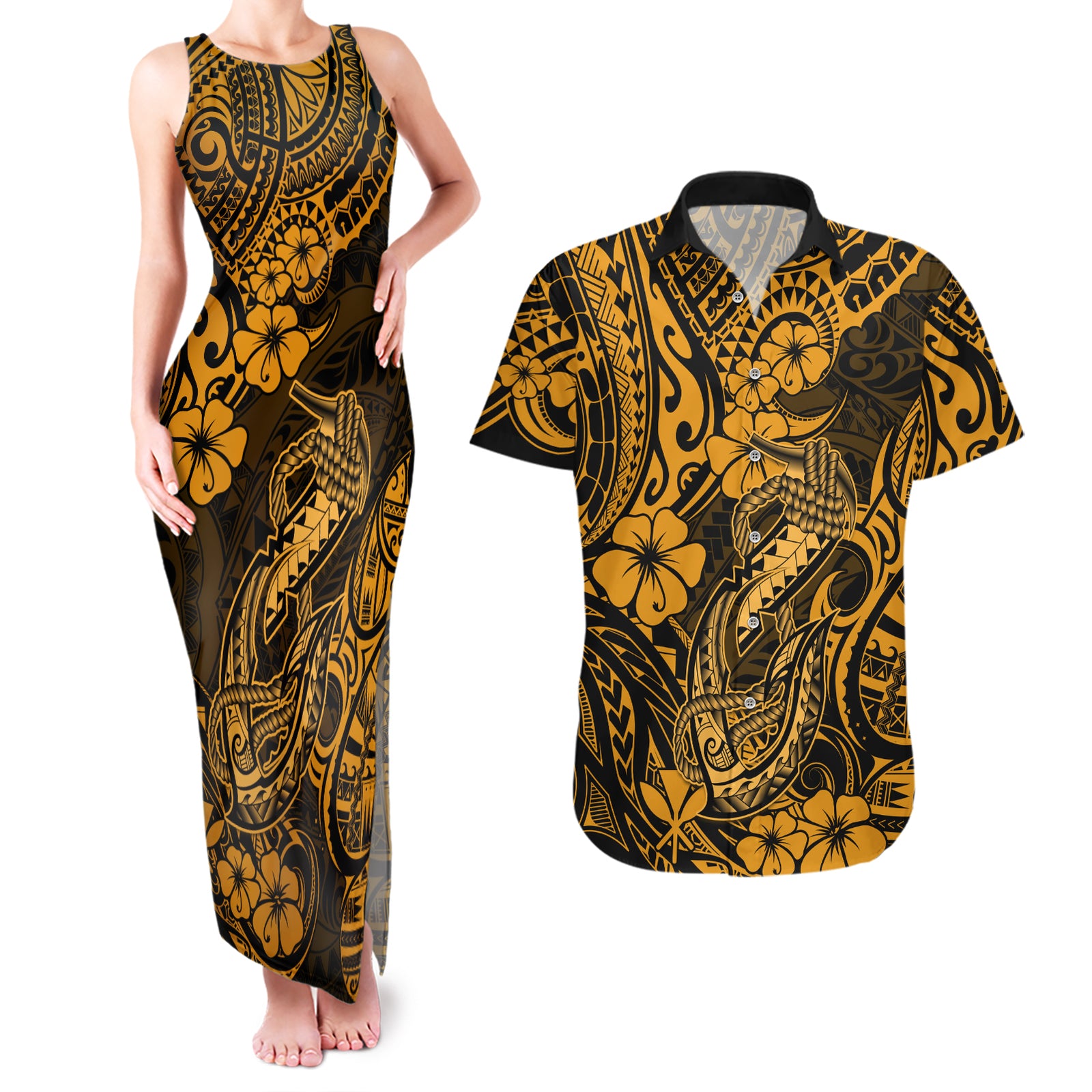 Hawaii Fish Hook Couples Matching Tank Maxi Dress and Hawaiian Shirt Polynesian Pattern Gold Version LT01 Gold - Polynesian Pride
