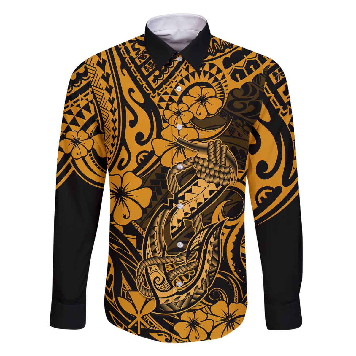 Hawaii Fish Hook Family Matching Summer Maxi Dress and Hawaiian Shirt Polynesian Pattern Gold Version LT01 Dad's Shirt - Long Sleeve Gold - Polynesian Pride